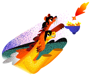 Two stylized animals reaching for a glowing object - Fauna style illustration