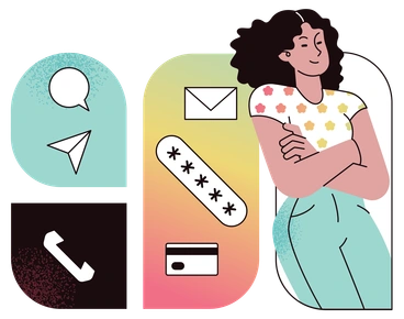 A woman standing confidently with communication icons - Delight style illustration