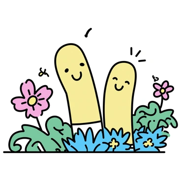 Two thumbs, one larger and one smaller, are positioned upright as if they are on an adventure. The larger thumb has a playful expression while the smaller one appears curious. They are surrounded by vibrant, oversized tropical plants with large leaves in shades of green, and bright flowers of various colors, including reds, yellows, and blues. A few small, cartoonish insects can be seen resting on the leaves, adding to the lively atmosphere of the jungle. The thumbs are depicted as if they are joyfully interacting with the flora around them, making the scene dynamic and engaging.