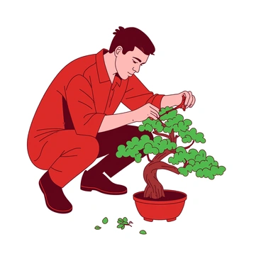 A red gardener is crouching down, focused intently on carefully pruning a small green bonsai tree. The bonsai tree has lush, dense foliage and twisted branches that create an intricate shape. In the gardener's left hand, there is a small pair of pruning shears, while the right hand reaches delicately toward a branch, adjusting a leaf. The scene captures the concentration on the gardener’s face, highlighting the details of the tree's miniature landscape. A few small clippings of green leaves are scattered on the ground around the gardener.