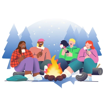 A celebrity with long brown hair is sitting on a log by a campfire, roasting marshmallows on a stick. The fire is crackling and casting a warm glow on their face. Surrounding the celebrity are three close friends, each holding their own marshmallow on sticks. One friend is laughing with short blond hair, wearing a red flannel shirt. Another friend has curly black hair and is wearing a green hoodie while checking their phone. The third friend, with medium-length straight red hair, is playfully leaning closer to the fire. In the background, there are trees silhouetted against the night sky filled with stars. A few logs are scattered around the campfire, and a cozy blanket is draped over one log.