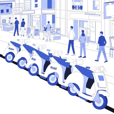 A line of Bajaj scooters is parked neatly along a busy urban street. Each scooter features a sleek design, with prominent headlights and distinctive branding. The street is filled with pedestrians walking briskly, and there are buildings with various architectural styles in the background. Street vendors are nearby, selling items from carts, while colorful advertisements adorn the walls of the buildings. The ground is made of asphalt, and the scooters are positioned parallel to the curb, creating an organized row.