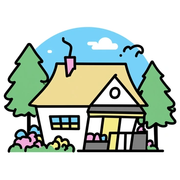 A quaint cottage made of timber and stone, nestled among tall green trees in a dense forest. The cottage has a thatched roof and a small front porch with a wooden railing. A thin plume of smoke is rising gently from the chimney, indicating a warm fire inside. The windows are framed with flower boxes filled with colorful blooms. Surrounding the cottage are patches of vibrant wildflowers and a clear blue sky overhead.
