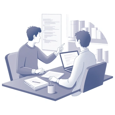 A tutor is sitting beside a student at a desk. The tutor is pointing at a laptop screen, which displays lines of programming code. The student is attentively looking at the screen, with a notebook and pen in front of them. The desk is cluttered with a few textbooks and a cup of pens. The room has a calm, studious atmosphere, with a bookshelf in the background holding various academic resources.