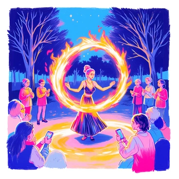 A performer is twirling flaming poi, creating mesmerizing trails of fire in a darkened park. The poi are bright orange and yellow, illuminating the performer’s face and body. The performer is dressed in a flowing black outfit, with their hair pulled back. Surrounding the performer, there are several spectators, their faces lit by the flames, expressing awe and excitement. The park is dotted with trees, and the night sky is clear, allowing for a few visible stars. Some spectators are clapping, while others are capturing the moment on their phones.