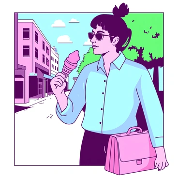 A pink ice cream cone is held in the left hand of a person standing on a sunny street. The person is wearing a light blue shirt and a pair of dark sunglasses. Sunlight casts shadows on the pavement, highlighting the texture of the ground. Around them, there are blurred outlines of buildings and green trees lining the street. The person has a relaxed expression, savoring the ice cream while taking a break from work, with a small briefcase resting at their feet.