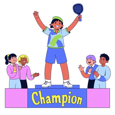 A champion pickleball player stands on a podium, holding their paddle triumphantly above their head. The player wears a bright sports uniform, featuring a bold pattern in shades of blue and green. Their facial expression shows joy and pride, with a wide smile and sparkling eyes. Surrounding the podium are colorful banners celebrating the achievement, displaying text that reads "Champion" in large, bold letters. The background features an audience clapping and cheering, conveying a sense of celebration and accomplishment.