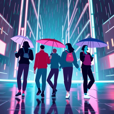 A diverse group of people with umbrellas walking through a neon-lit street. The scene is set at night, with vibrant neon lights illuminating the surroundings in hues of pink, blue, and green. Rain pours down heavily, creating a shimmering effect on the pavement. The reflections of the neon lights dance on the wet ground, enhancing the atmosphere. Each person is wearing different styles of clothing, and their umbrellas vary in color and design, adding to the lively ambiance of the street.