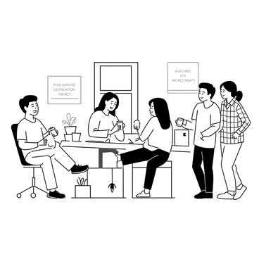 A group of employees is gathered in a spacious office environment, dressed in casual attire. One man, wearing a t-shirt and jeans, is leaning back in his chair with a content smile. A woman in a light sweater is sitting cross-legged on a desk, holding a coffee cup and chatting with a colleague. Another employee, wearing a plaid shirt, is standing near a window, looking out and laughing with a friend. A few potted plants are placed around the office, adding to the relaxed atmosphere. The walls have motivational posters, and there are snacks on a table nearby.