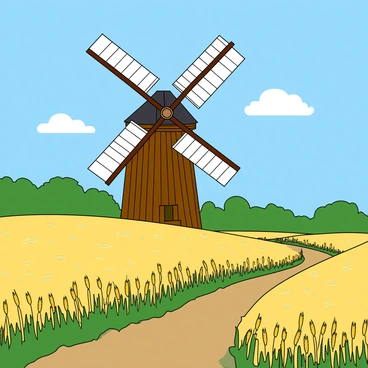 A traditional windmill with a wooden structure and large white sails is standing tall. The windmill is turning slowly, its sails catching the gentle breeze. In the foreground, there are vibrant golden fields of wheat that stretch outwards, swaying slightly in the wind. The sky above is a bright blue with a few fluffy white clouds scattered throughout. The scene is filled with lush greenery, and a dirt path winds through the wheat fields leading up to the windmill.