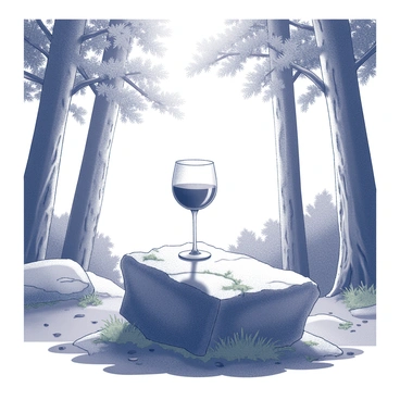 A wine glass is positioned on a large, rugged rock, which is partially covered in moss. The glass is filled with a rich liquid, reflecting light from above. Surrounding the rock, there are tall trees with thick trunks and a variety of leaves creating a dense canopy. Sunlight filters through the branches, casting dappled shadows on the ground. The forest floor is covered with a mixture of leaves, twigs, and patches of soft grass. The overall scene conveys a sense of tranquility and natural beauty.