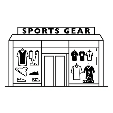 A sports store storefront with large glass windows showcasing various jerseys and athletic gear. The display includes neatly arranged jerseys of different styles and sizes hanging on hangers, while shoes and equipment are positioned on shelves beneath them. The storefront features a large sign above the entrance that reads "Sports Gear" in bold letters. The entrance door is made of glass, allowing a clear view inside the store. The exterior is decorated with images of athletes in action, adding to the sporty theme.