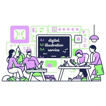 A creative workshop environment with a chalkboard listing digital illustration services and prices