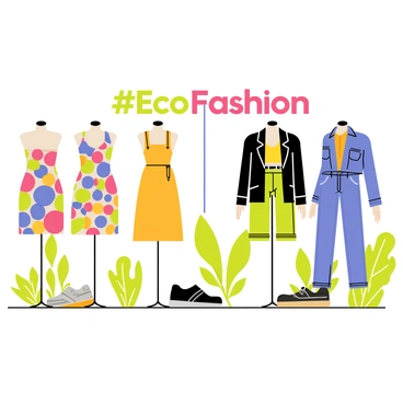 A sustainable fashion display with clothing made from recycled materials and the hashtag #EcoFashion