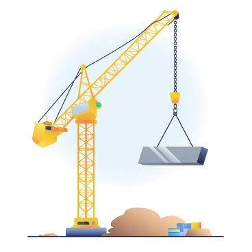 A large yellow construction crane is positioned on the left side of the image, with its arm extended upward. The crane is hoisting a shiny steel beam into the air, showcasing the lifting mechanism in action. The steel beam is metallic gray, reflecting the sunlight, and is suspended by thick chains attached to the crane's hook. Below the crane, a construction site is visible, with piles of dirt and construction materials scattered around. In the background, a clear blue sky stretches above, adding a sense of height to the scene.