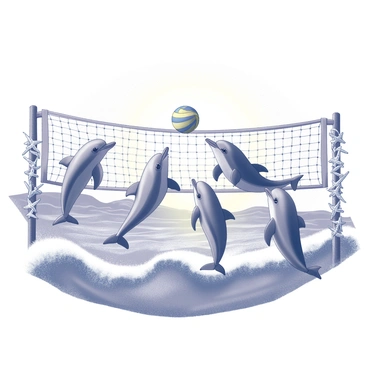A group of dolphins is actively engaged in a game of volleyball in the ocean. Each dolphin is leaping gracefully out of the water, with some poised to hit a large, colorful volleyball with their snouts. The net, made of intertwined sea stars, stretches across the water's surface, with sea stars arranged in vibrant patterns. The background features rolling waves and a bright sunlight filtering down through the water, creating dynamic reflections and shadows around the dolphins.