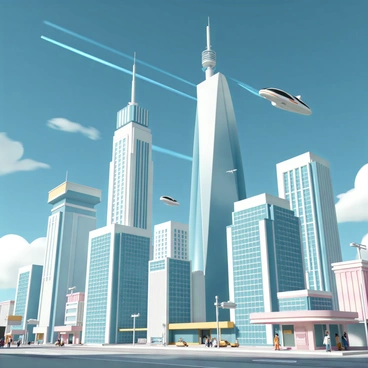 A futuristic cityscape featuring towering skyscrapers made of glass and metal, reflecting the sunlight. The buildings vary in design, with some having sleek, curved shapes while others are angular and geometric. Flying cars zip through the air, creating trails of light behind them as they navigate between the skyscrapers. The sky is a deep blue with a few wispy clouds, while the bustling streets below are dotted with neon signs and people in modern clothing.