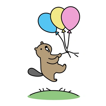 A groundhog with brown fur is floating in the air, held up by a cluster of colorful balloons. The balloons are bright and varied in color, including red, blue, yellow, and green. The groundhog has a cheerful expression, its small paws clutching the string of the balloons. Below, a grassy field is visible, contrasting with the sky that is a clear blue.