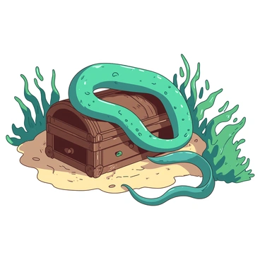 A teal eel is coiled protectively around an ancient treasure chest that is partially buried in the sand. The chest is adorned with intricate carvings and is encrusted with barnacles. Surrounding the chest, there are thick strands of green seaweed gently swaying in the water. Sunlight filters through the surface, casting shimmering patterns on the sandy ocean floor. The eel's scales glisten in the light as it watches over the chest, ensuring that its secrets remain safe.