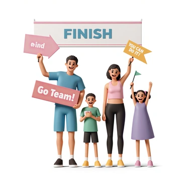 A family cheering and waiting by the finish line of a fun run event, holding colorful signs.