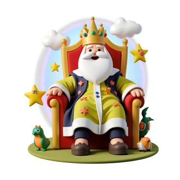 A whimsical king with a cheerful expression sits on a large, ornate throne. He is wearing a colorful robe adorned with stars and moons, and a cartoonish crown with oversized jewels that sits slightly askew on his head. The king has a plump figure and a fluffy white beard that flows down to his chest. Around him, there are playful creatures, such as a small dragon and a colorful parrot, adding to the fantastical atmosphere. The background features a bright, sunny sky with fluffy clouds and a rainbow, creating a joyful setting for the scene. The page is filled with vibrant colors that appeal to children.
