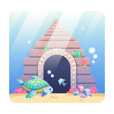 An ancient underwater temple made of coral and stone is partially illuminated by soft beams of sunlight filtering down from the water's surface. The temple features intricate carvings of mythical symbols and intricate archways. Surrounding the temple are pixelated sea creatures, such as bright blue fish and blocky jellyfish with neon colors. A pixelated sea turtle glides gracefully near the entrance of the temple, while a group of pixelated starfish clings to the temple walls. Bubbles rise from the sandy ocean floor, creating a sense of movement in the tranquil underwater scene.
