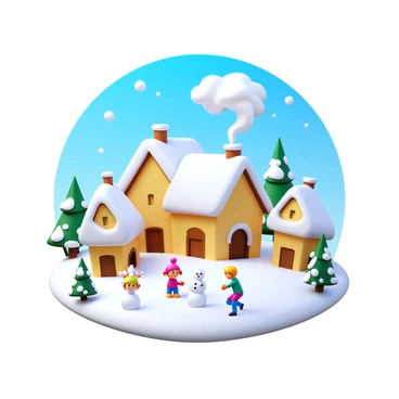 A snowy village with several quaint houses covered in a thick layer of snow. Smoke is rising from the chimneys of these houses, creating a soft cloud against the clear blue sky. Children are playing in the snow, building a snowman and having a snowball fight. The ground is blanketed in white snow, and there are snow-covered trees surrounding the village, adding to the winter scene.