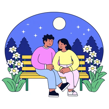 A couple is sitting on a wooden bench in a garden surrounded by vibrant greenery. The man and woman are gazing into each other's eyes, both smiling softly. They are dressed in light, flowing clothing. Moonflowers bloom around them, their large white petals glowing softly in the moonlight. In the background, there are faint silhouettes of trees under a clear night sky filled with stars. The atmosphere is calm and intimate.