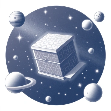 A bee hive suspended in space. The hive is intricately detailed with hexagonal patterns, showcasing the individual cells. It appears to be drifting among various celestial bodies, including large planets, shimmering stars, and distant galaxies. The scene conveys a sense of vastness, with the hive prominently positioned in the foreground against the backdrop of the cosmos. Each celestial body varies in shape and size, adding depth to the scene. The hive is illuminated by soft light coming from the stars, creating a striking contrast against the dark expanse of space.