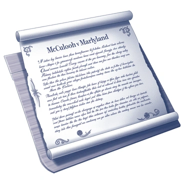 An aged parchment lies flat on a wooden surface. The document displays intricately handwritten text detailing the ruling of "McCulloch v. Maryland." The edges of the parchment are slightly curled and frayed, suggesting it has been preserved for many years. There are ink smudges and variations in the handwriting, indicative of an authentic historical document. The letters are large and ornate, with some capitalized words emphasized in bold strokes. Alongside the text, there are decorative flourishes and symbols that enhance the historical significance of the ruling.
