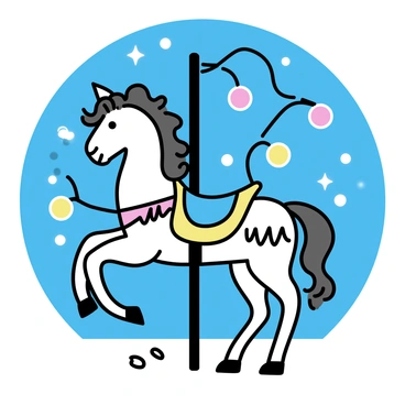 A carousel horse with a beautifully detailed mane is positioned in the center of the image. The horse is painted in vibrant colors, showcasing ornate saddle decorations and gleaming stirrups. Surrounding the horse are colorful festival lights, glowing in a variety of hues, creating a festive atmosphere. The night sky is filled with a deep blue hue, dotted with a few twinkling stars. The ground beneath the carousel horse is decorated with subtle patterns to enhance the visual appeal.