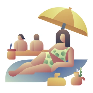 A woman in a polka dot swimsuit lounging on a beach towel with a sun umbrella nearby, holding a drink with a straw, surrounded by beach toys and sunbathers in the background.