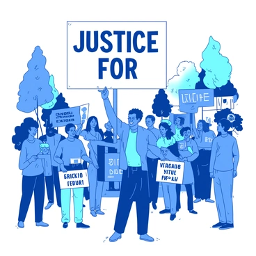 A blue protester stands firmly holding a large white sign with bold black lettering that reads "Justice for All." Surrounding the protester, a diverse group of individuals are gathered in a peaceful demonstration, showing solidarity. The scene includes several people of different ethnicities, each holding colorful signs with various messages of support. The atmosphere is filled with a sense of unity, as participants smile and engage with each other. In the background, trees are gently swaying, contributing to the calm ambiance of the gathering.