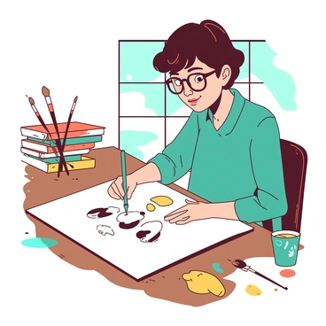 An illustrator with glasses and short black hair is sitting at a wooden desk, intently focused on sketching. The illustrator holds a bright teal marker in one hand and is creating a character on a large white sketchpad. The character has large, expressive eyes and a friendly smile. There are splashes of vibrant colors surrounding the desk, including orange and yellow paint tubes, and a small stack of colorful children's books leaning against the desk. A few brushes of various sizes are scattered around, resting in a teal cup. A window in the background lets in soft light, illuminating the workspace.