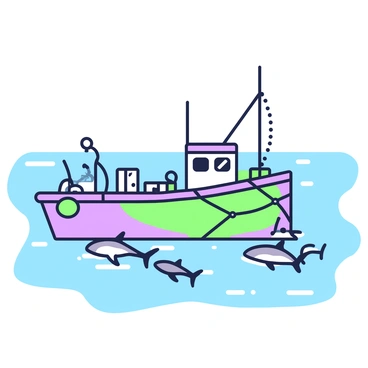 A fishing barge is floating on the water, its deck cluttered with nets and fishing gear. The barge has a weathered appearance, with ropes hanging from the sides and a small cabin at the back. Nearby, a school of dolphins is playing in the water, their sleek bodies leaping and splashing as they swim around the barge. The ocean stretches out endlessly in the background, reflecting the sunlight, while the horizon is barely discernible, merging with the sky above.