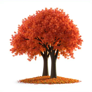 A vibrant autumn scene with trees displaying rich reds and oranges, and leaves falling gently.