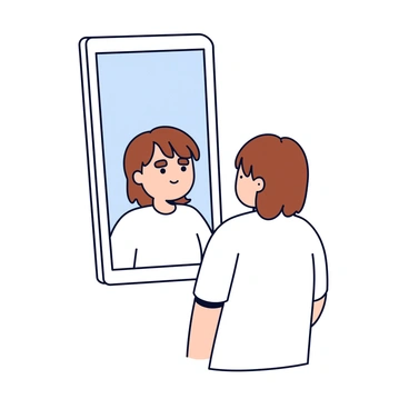 A person stands in front of a tall, rectangular mirror. The individual has medium-length brown hair and is wearing a simple white shirt. Their facial expression is contemplative, with a slight furrow in their brow. The person gazes intently into the mirror, making direct eye contact with their own reflection. The background is minimalistic, allowing the focus to remain on the person and the mirror. The floor beneath them is light-colored, enhancing the clarity of the scene.