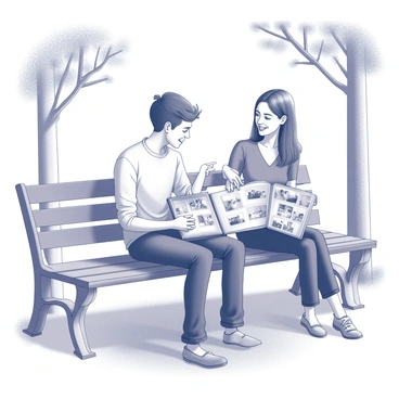 Two friends sitting on a park bench. One friend is leaning slightly forward, holding a scrapbook open on their lap. The other friend is pointing at a page, smiling and engaged in conversation. The scrapbook is filled with photographs and mementos, showcasing various memories. The bench is surrounded by trees, with some leaves gently swaying in the breeze. Sunlight filters through the branches, casting dappled shadows on the ground.