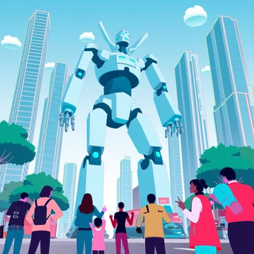 A giant robot towering over a bustling cityscape with curious onlookers
