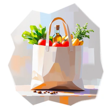 An eco-friendly shopping bag made from reusable canvas, showcasing its natural fibers and earthy tones. The bag is filled with an assortment of organic groceries, including vibrant green leafy vegetables, ripe red tomatoes, and a cluster of yellow bananas. A bottle of organic olive oil stands upright among the produce, and there's also a bundle of fresh herbs peeking out from the top. The bag is placed on a wooden kitchen table, surrounded by a few scattered seeds and nuts, emphasizing the healthy, sustainable theme.