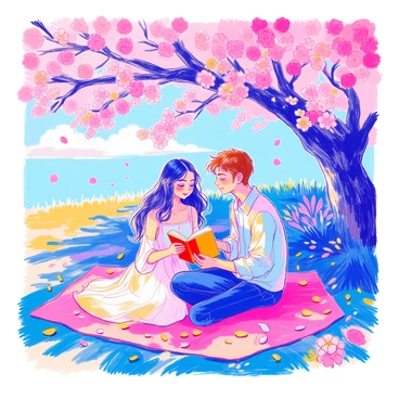 Two people are sitting on a picnic blanket under a cherry blossom tree in full bloom. The tree has an abundance of pink blossoms, with petals gently falling around them. One person is a young woman with long black hair, wearing a flowing white dress. The other is a young man with short brown hair, dressed in a light blue shirt and jeans. They are sharing a book, both leaning in to read together. The background features a bright blue sky, enhancing the vibrant colors of the scene.