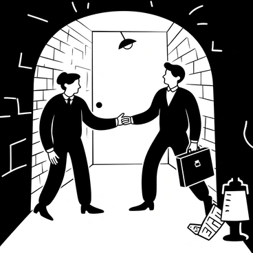 Two spies in dark, fitted clothing stand in a narrow, shadowy alleyway. One spy, holding a black briefcase, reaches out to the other, who extends a gloved hand to receive it. The alleyway is lined with brick walls, partially illuminated by a dim light source above. There are scattered shadows and hints of mist swirling around the ground. The scene conveys a sense of secrecy and urgency, with a few scattered objects like a discarded newspaper and a flickering lamp.