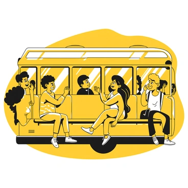 A group of four teenagers sitting in a school bus, animatedly talking to each other. Two boys are sitting together, one with a backpack on his lap and the other leaning forward, laughing. A girl with long hair is facing them, her hands gesturing as she shares a story, while another girl leans back, listening intently with a smile. The bus is filled with rows of seats, with the sunlight streaming through the windows, illuminating the scene. In the background, other students can be seen chatting and looking out the windows, creating a vibrant atmosphere.