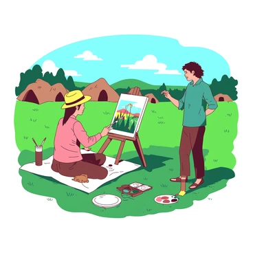 A group of artists is gathered in a green field in Shantiniketan, each engaged in their painting. One artist, wearing a yellow hat, is sitting on a blanket with an easel set up in front, capturing the vibrant colors of the surrounding trees. Another artist, dressed in a teal shirt, is standing with a brush poised, focusing on a landscape view that includes the distant hills under a clear blue sky. Palette and brushes are scattered around them, and a soft breeze gently moves the grass. In the background, there are traditional mud huts that reflect the local architecture. The sunlight casts soft shadows, enhancing the overall atmosphere of creativity in nature.