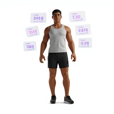 An athlete with a toned physique, wearing a fitted sports jersey and shorts, stands at the center of the image. They have a focused expression, conveying determination and strength. Surrounding the athlete are various holographic digital displays showcasing statistics and figures related to their performance, such as speed, distance, and heart rate. The numbers are vibrant and dynamic, floating in the air around the athlete. The athlete's posture is confident, with arms slightly raised as if ready to take action, emphasizing their athleticism and competitive spirit.
