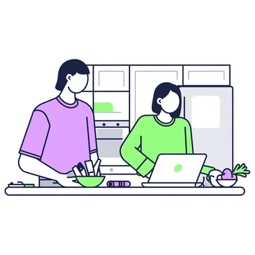 A person is standing in a modern kitchen, focused on a laptop placed on the countertop. The person has medium-length hair tied back and is wearing a casual shirt and jeans. The kitchen is equipped with stainless steel appliances, including an oven and refrigerator in the background. Various cooking utensils, such as a knife and cutting board, are visible on the counter. A bowl of fresh vegetables sits next to the laptop, and a cookbook is partially opened nearby. The person is typing on the laptop, with a look of concentration on their face as they search for new recipes.