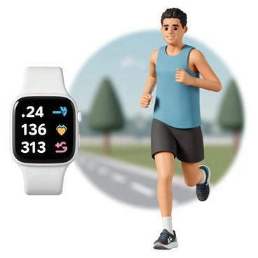 A digital fitness tracker, with a sleek black design, displays various stats such as distance, heart rate, and pace in bright, clear numbers. A runner in a lightweight blue tank top and black running shorts jogs by, with determination on their face. The runner has a pair of high-tech running shoes that are designed for optimal performance. The background shows a blurred park scene with trees and a paved path, emphasizing the motion of the runner.