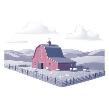 A countryside farm with gently rolling hills stretching into the background. In the foreground, there is a large red barn with a classic design, featuring a wide entrance and a weather vane on top. Several animals are present in the scene, including a few sheep grazing on the grass and a couple of cows resting nearby. A wooden fence runs along the perimeter of the barn, with patches of wildflowers dotting the landscape around it. The sky above is clear, with a few fluffy clouds scattered throughout.