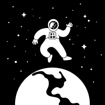 An astronaut in a traditional space suit is floating in space, with the vastness of the cosmos surrounding them. The astronaut's helmet reflects distant stars and celestial bodies. Below, "Earth" is visible as a large sphere, showcasing its continents and clouds. The darkness of space contrasts with the vibrant details of Earth, highlighting the curvature of the planet. The astronaut's arms and legs are extended, creating a sense of weightlessness in the scene.