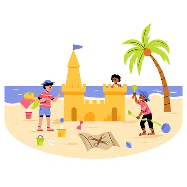 A tropical island beach scene with golden sand and gentle waves lapping at the shore. Several kids are building sandcastles, using buckets and shovels. One child, wearing a red striped shirt, is carefully sculpting a tall sandcastle tower. Another child, in a blue sunhat, is decorating the castle with seashells. Nearby, a weathered treasure map is spread out on the sand, showing an 'X' marking a hidden treasure. Palm trees sway gently in the background, providing shade and a relaxed atmosphere. Bright colored beach toys are scattered around the children, enhancing the playful vibe of the scene.